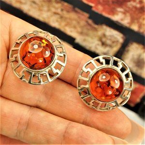 LARGE BALTIC AMBER CABOCHONS 925 SILVER CLIP ON ROUND EARRINGS, GIFT FOR WOMEN
